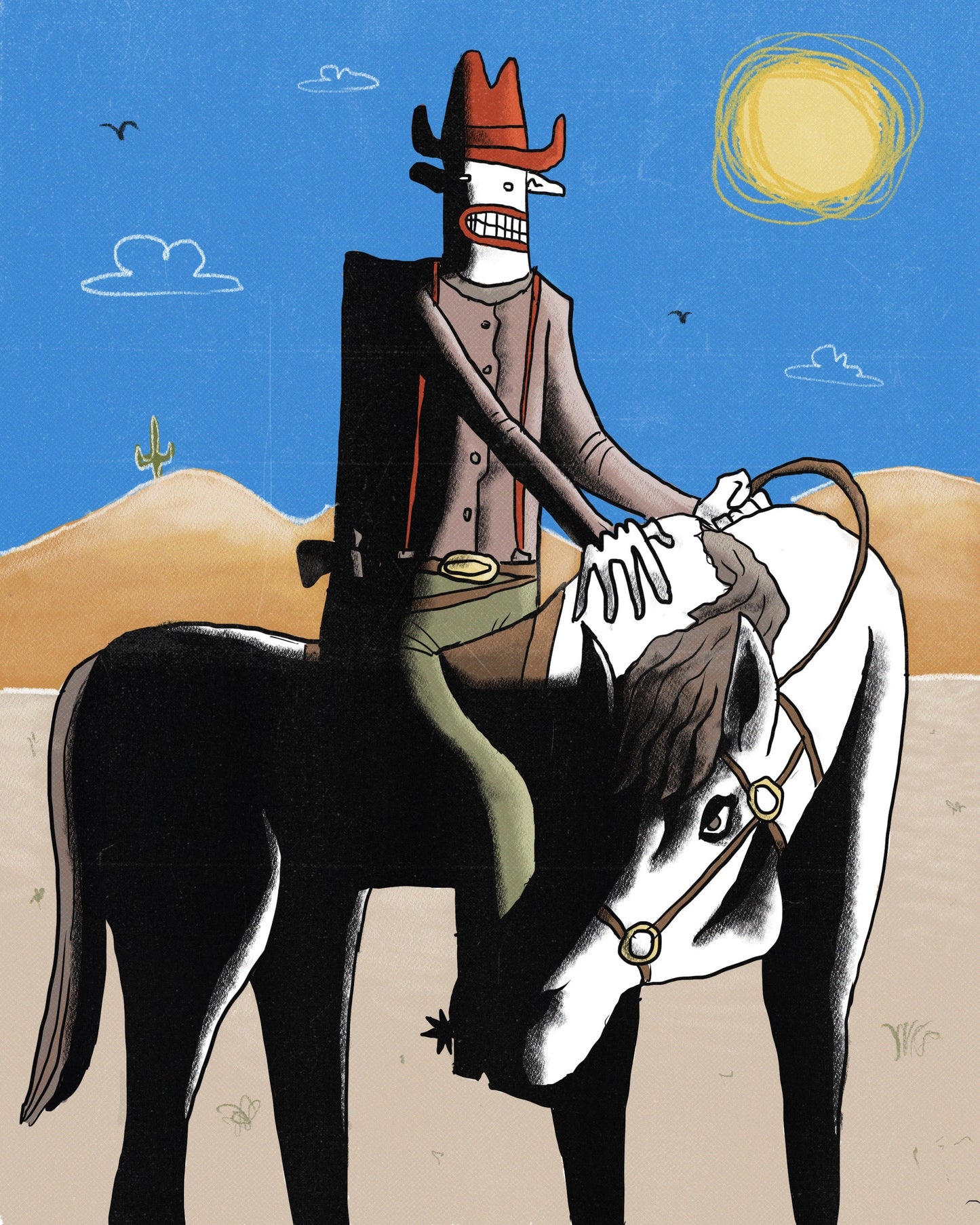 drawing of cowboy on a horse in the desert