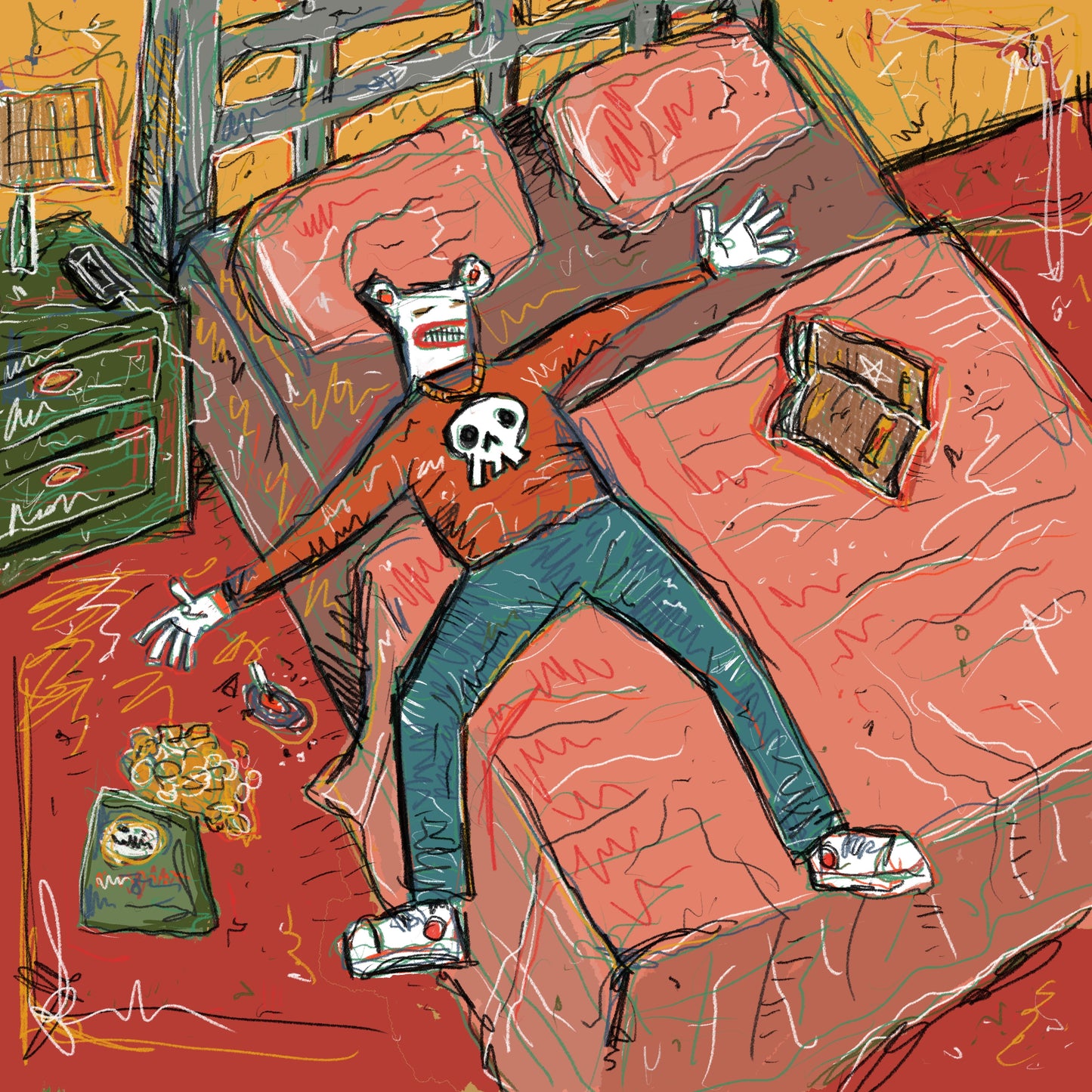 drawing of strange person lying on a bed